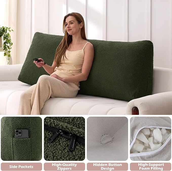 Headboard Pillow Queen, Triangle Bed Wedge Pillow for Headboard, Backrest Pillow for Sitting up, Reading, Working, Headboard Daybed Pillow with Removable Cover for Bed, Dorm Sofa, Dark Green