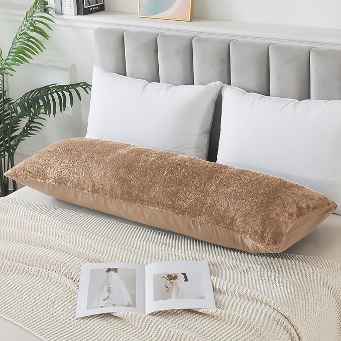Whatsbedding Sherpa Body Pillow Cover, Ultra Soft Faux Fur Body Pillowcase, Luxury Shaggy Plush Long Pillowcase, Envelope Closure - Khaki (20x54 inch)