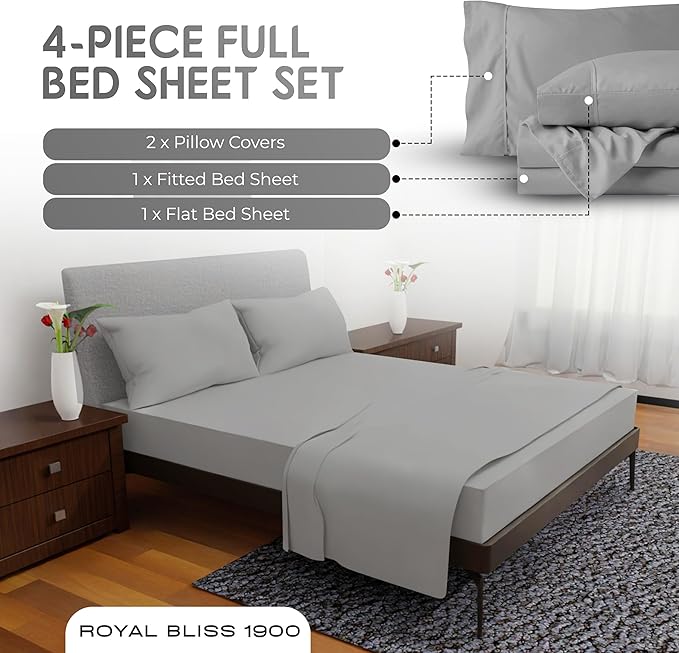 Full Size Bed Sheets – 4Pcs Bed Sheets Full Size Set, Deep Pocket, Double Brushed Microfiber, Fade Resistant, Soft & Breathable for Cozy and Comfortable Sleep(Silver)