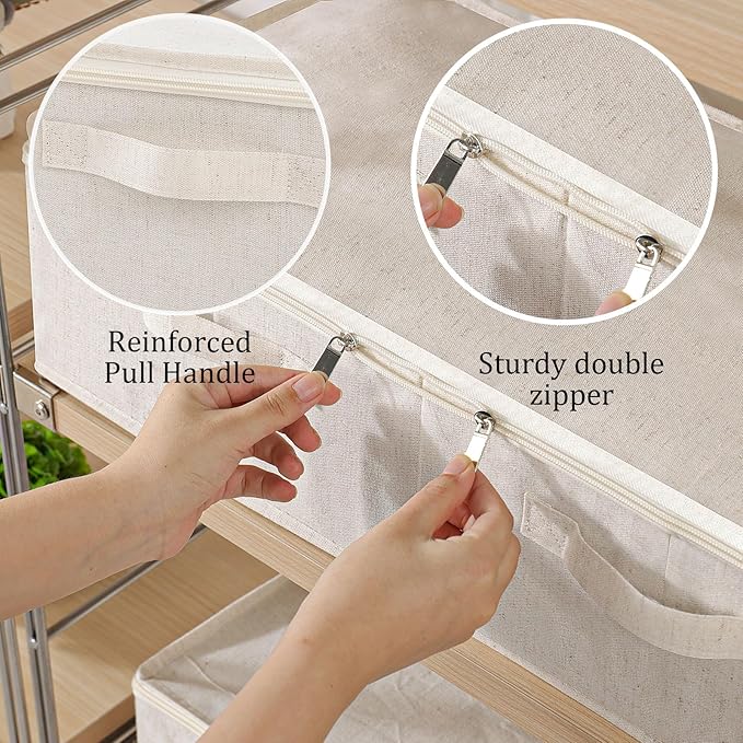 Underbed Storage Container, Foldable Under Bed Bins, Wardrobe Organisers with Lid for Organizing Clothes, Sheets, Blankets, Comforter, 23.6x11.8x5.9in, Beige, 2 Pack
