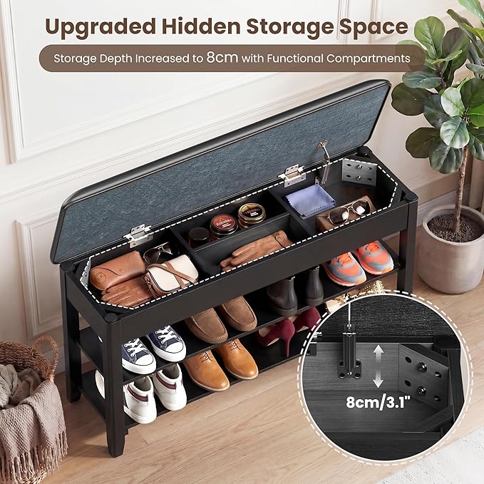 LBT Shoe Bench with Storage, Solid Rubberwood Shoe Storage Bench with Cushion, 2-Tier Shoe Rack for Entryway, Shoe Rack Bench with Deep Hidden Compartment and Stay-Open Hinge, 550lb Capacity Black