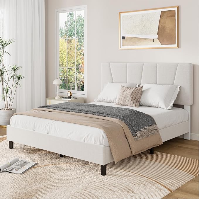 Full Size Upholstered Platform Bed Frame with Adjustable Headboard, Fits 8-14 Inch Mattress, Heavy Duty Bed Frame with Wooden Slats Support, Noise-Free, Non-slip, No Box Spring Needed, Easy Assembly