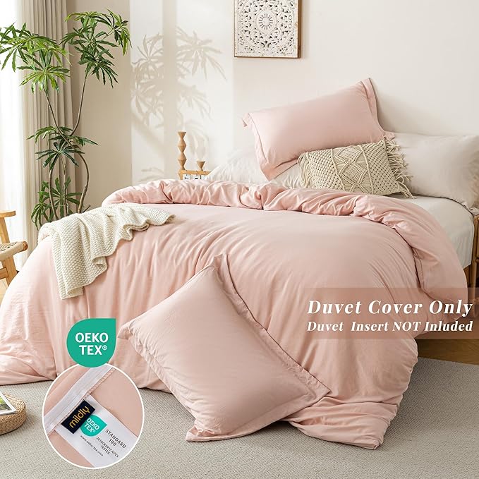 MILDLY Super Soft Duvet Cover - 100% Washed Microfiber Pink Comforter Cover Set 3 Pieces with Zipper Closure & Corner Ties (No Comforter)