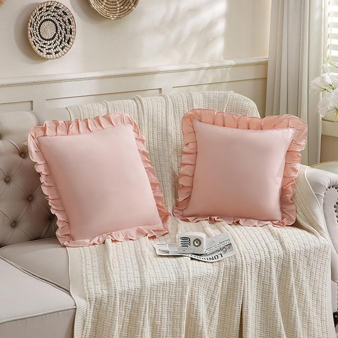 Merryword Pink Pillowcases 18x18 Cute Throw Pillow Covers Pack of 2 Ruffle Pillowcase Cushion for Couch Sofa Bedroom