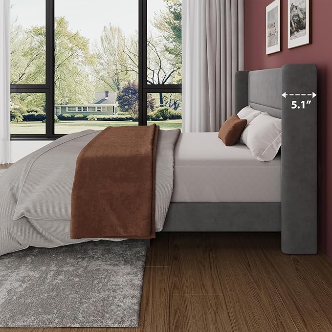Garvee Full Size Bed Frame with Wingback Headboard, Velvet Upholstered Platform Bedframe with Wood Slats, No Box Spring Needed, Easy Assembly, Grey