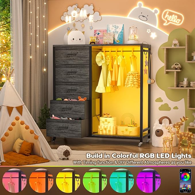 Cyclysio Dresser with Hanging Rack, 5 Fabric Drawers Dresser with Clothes Rack, Wooden Top Storage Chest of Drawers with Charging Station & LED Lights, Lockable Wheels