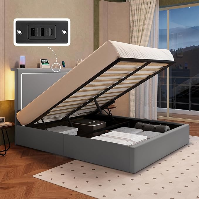 Allewie Full Size Lift Up Storage Bed Frame with Charging Station & LED Lights, Adjustable Velvet Upholstered Storage Headboard, Type-C & USB Ports, Hydraulic Support, No Box Spring Needed, Grey