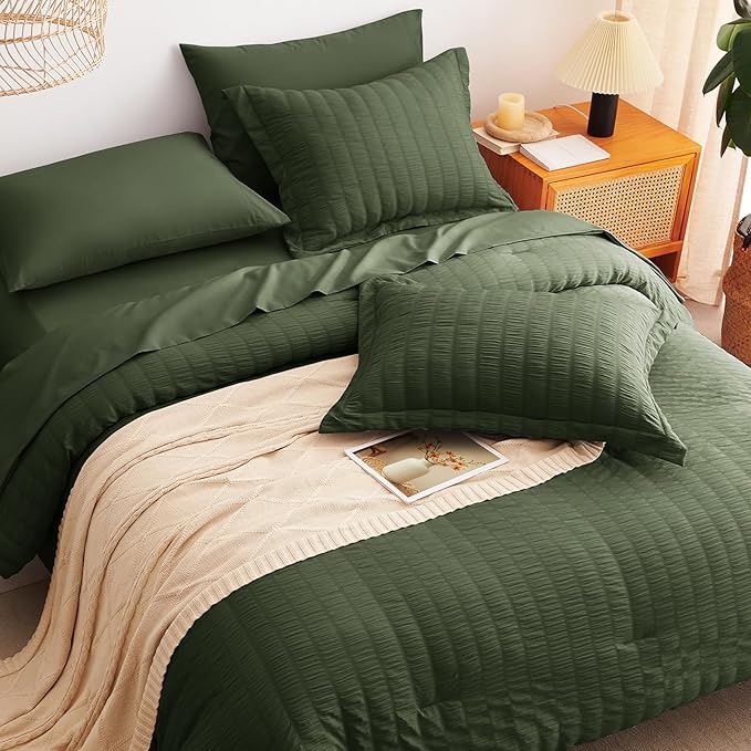 CozyLux Queen Comforter Set Olive Green Seersucker 7 Pieces Bed in a Bag Queen Comforter Set with Sheets, Luxury Bedding Sets with Down Alternative Comforter, Sheets, Pillowcases & Shams All Season