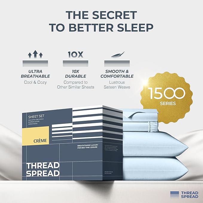THREAD SPREAD 100% Egyptian Cotton King Size Sheets Set - Luxury 1500 Series Egyptian Cotton Sheets King Size (4 PC, Light Blue), Silky Soft, Sateen, Cooling & Breathable, 17" Deep Pocket Bed Set
