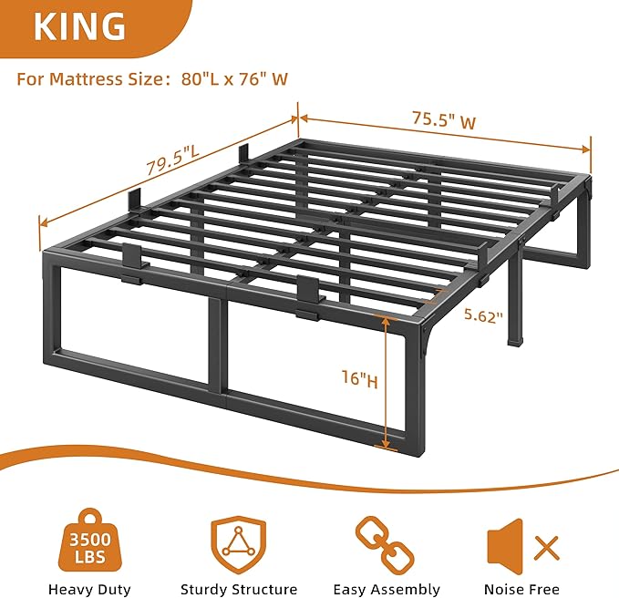 King Size Bed Frame, 16 Inch Metal Platform Bed Frames with Squeak Free U-Slot Design, 6 Non-Slip Guards, 3500lbs Heavy Duty Steel Slat Support, No Box Spring Needed, Under Bed Storage, Black