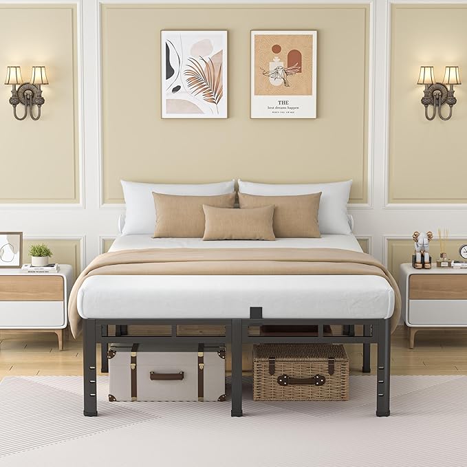 NKZ 24 Inch Full Size Bed Frame, Metal Bed Frame & Box Spring 2 in 1 Platform with Round Corner Legs, 4000Lbs Heavy Duty Metal Frame, Mattress Slide Stopper, Headboard Hole, Noise-Free, Easy Assembly