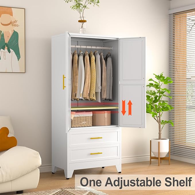 RIETERN Metal Armoire Wardrobe Closet, 71" Tall Bedroom Closet with 2 Drawers, Adjustable Shelves, and Hanging Rod, Steel Clothes Closets and Storage, for Bedroom White