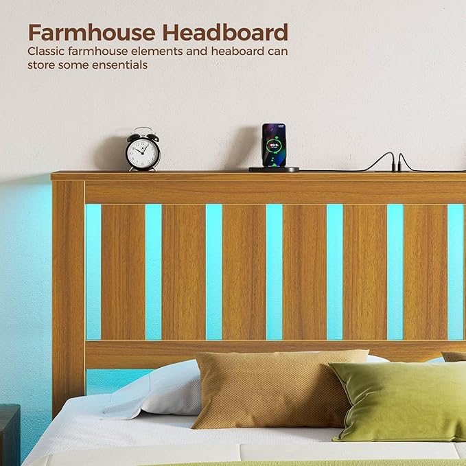 Rolanstar Full Bed Frame with Headboard, Charging Station and LED Lights, Wooden Bed Frame Foundation with Wood Slat Support, No Box Spring Needed, Pine