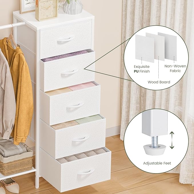 Snughome Dresser with Hanging Rack, Clothes Hanging Rack with 5 Drawers, White Dresser with Clothes Rack, Fabric Storage Chest of Drawers, Small Dresser for Bedroom, Apartments, Entryway Living Room