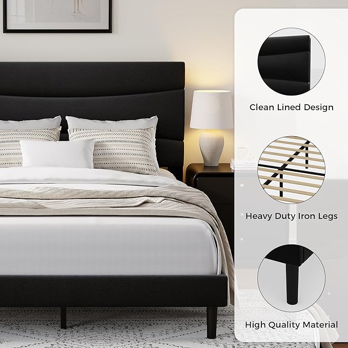 GarveeHome Full Modern Upholstered Bed Frame with Soft Padded Headboard,Sturdy Metal Steel Slat Support, Noise-Free Quiet Design,Easy Assembly,Heavy Duty Stable Bed Frame(Black)