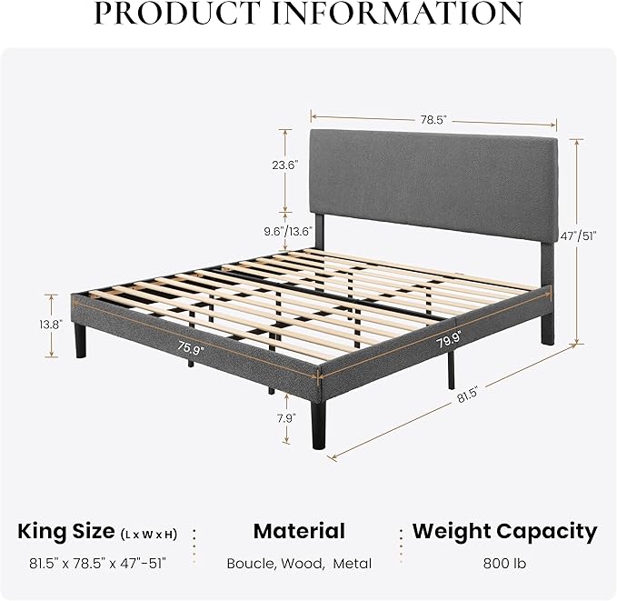 SHA CERLIN King Size Platform Bed Frame with Adjustable Headboard and Wooden Slats Support, Boucle Upholstered Mattress Foundation, No Box Spring Needed, Easy Assembly, Dark Grey