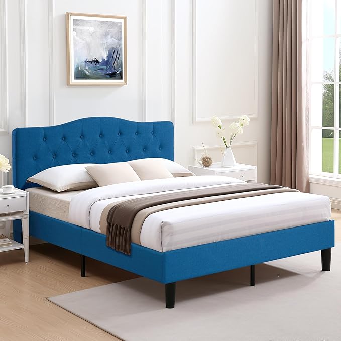 VECELO Full Size Bed Frame Upholstered Platform with Tufted Adjustable Headboard/Mattress Foundation Wood Slat Support/Easy Assembly,Grey