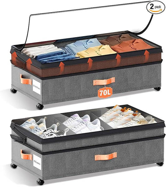 Under Bed Storage Organizer with Wheels - 2Pack 70L Extra Large Rolling Storage Bins with Clear Lid & Labels for Clothes, Shoes, Blankets (XXL,Grey)
