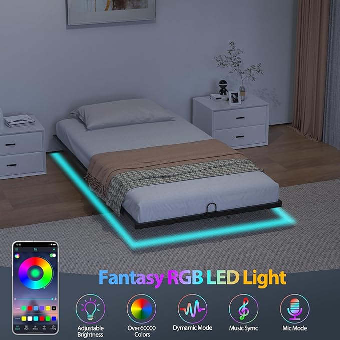 Twin XL Floating Bed Frame with Smart LED Lights Metal Platform Bed Easy Assembly No Box Spring Needed (Twin XL)