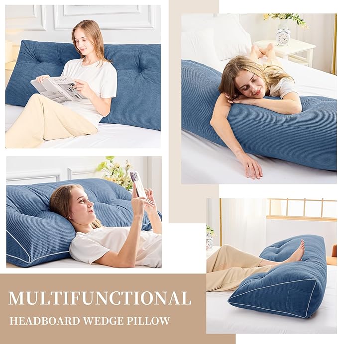 Sasttie Headboard Pillow Twin/Twin XL, Wedge Pillow Headboard for Dorm, Triangular Daybed Backrest Cushion for Sitting or Reading in Bed, with Removable Washable Cover, Blue
