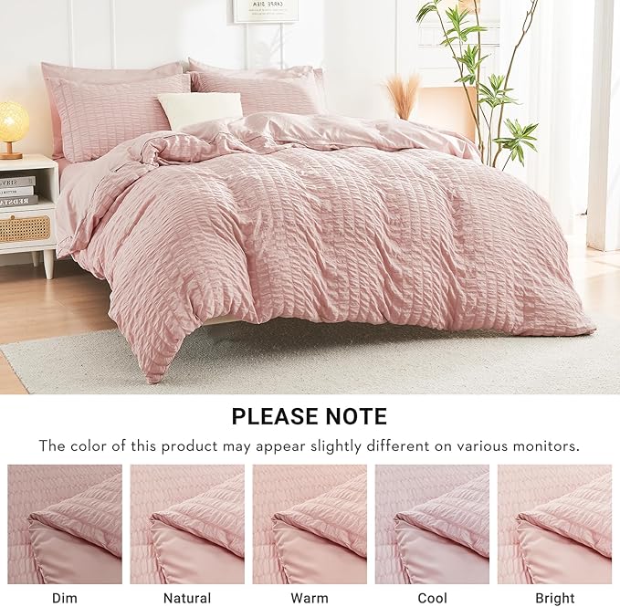 HYMOKEGE Rose Gold Twin Comforter Set Seersucker 5 Pieces, All Season Luxury Bed in a Bag Queen for Bedroom, Bedding Set with Comforter, Sheets, Pillowcase & Sham