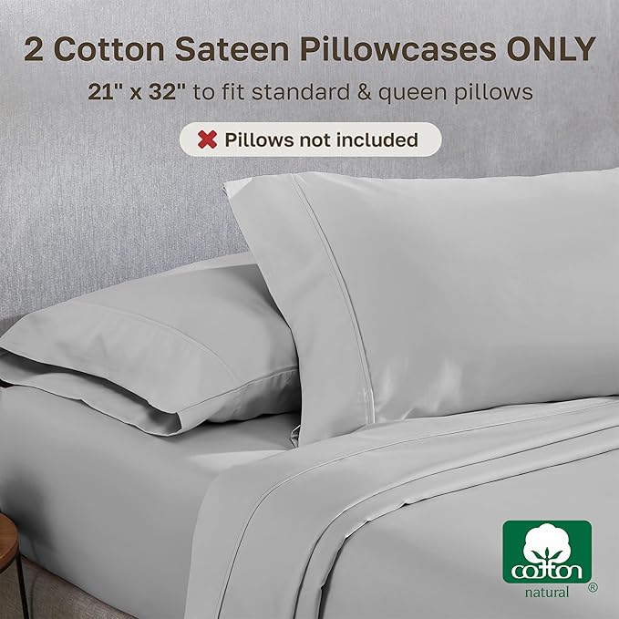 California Design Den Standard Queen Size Pillowcase Set - 400 Thread Count, 100% Cotton Sateen, Set of 2 Pillow Covers, Soft and Breathable - Light Grey