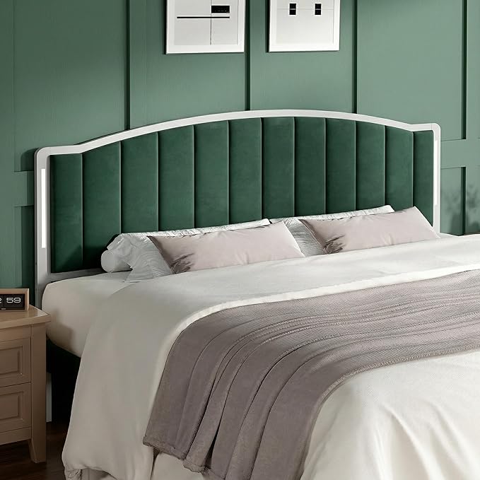 Headboard for King Size Bed with LED Lights, Upholstered Vertical Channel Tufting Head Boards, Velvet Headboard Only, Study & Comfortable, Ideal for Bedroom, Dorm, Guest Room, Green