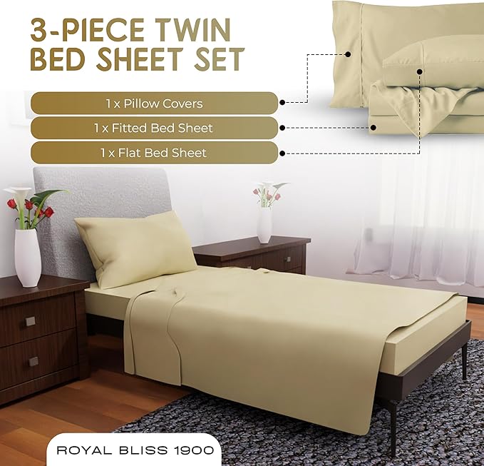 Twin Size Sheet Set - 3Pcs, Deep Pockets, Cooling, Soft & Lightweight, All-Season Comfort - Tan