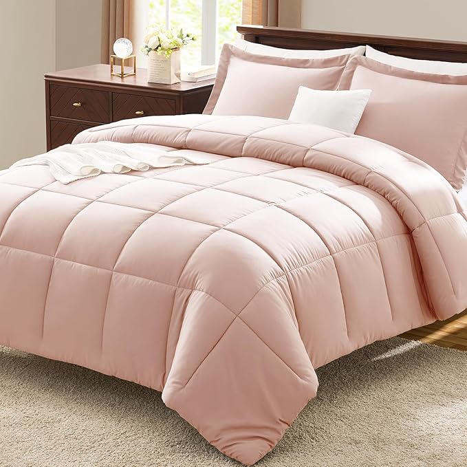 CozyLux King Comforter Set - 270GSM Blush Pink Bedding Sets for All Seasons Size, 3 Pieces Box Stitched Bed Set with 1 Down Alternative Comforter and 2 Pillow Shams, Soft, Lightweight, Durable