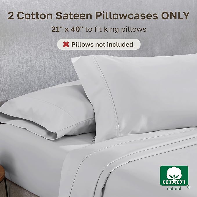 California Design Den King Pillow Cases Set of 2 Cotton - 400 Thread Count Sateen, Natural 100% Cotton King Pillowcases, Soft, Roomy and Breathable - Silver