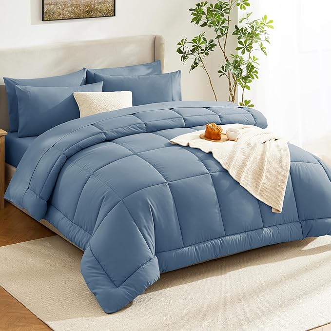 CozyLux King Size Comforter Set Dusty Blue, 7 Pieces Bed in a Bag, Grayish Blue Comforter King Size, All Season Bedding Sets with Stitch Quilted Comforter, Flat Sheet, Fitted Sheet, Pillowcases