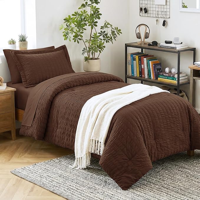 CozyLux Twin Comforter Set with Sheets 5 Pieces, Brown Seersucker Textured Bed in a Bag for Bedroom, Luxury Soft Bedding Sets with Down Alternative Comforter, Sheets, Pillowcase & Sham for All Seasons