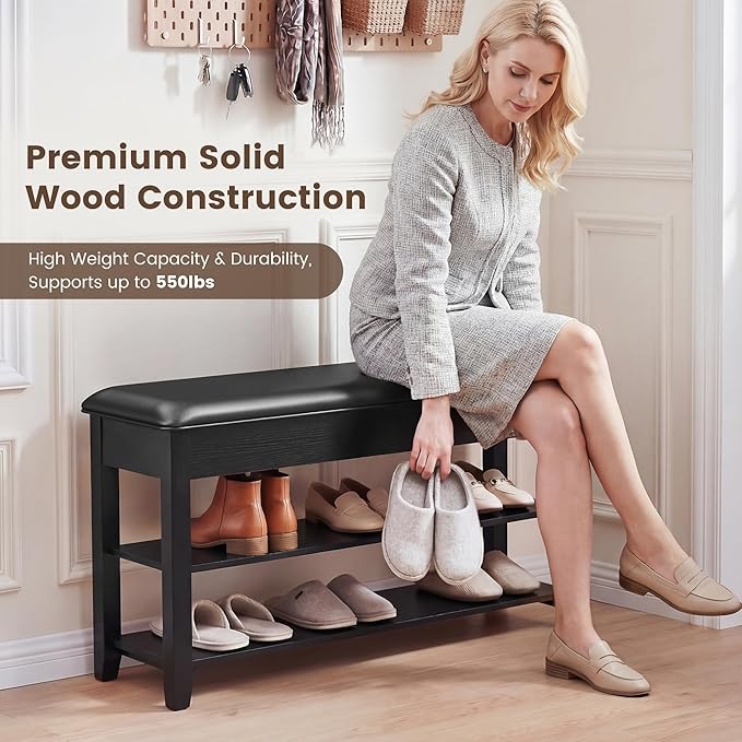 LBT Solid Wood Entryway Shoe Storage Bench, 31.5" Black, Adjustable Shelf, Flip-Top Hidden Compartment, Padded Leather Seat, 2-Tier Shoe Rack, Supports up to 550 lbs for Entryway, Mudroom, Closet
