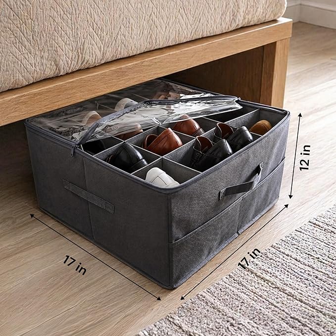 Under Bed Shoe Storage Organizer 16 Compartment, Foldable Shoe Organizer Under Bed with Clear PVC Lid, Shoe Storage Box with Zipper & Handle for Closet Bedroom, Grey, Pack of 2
