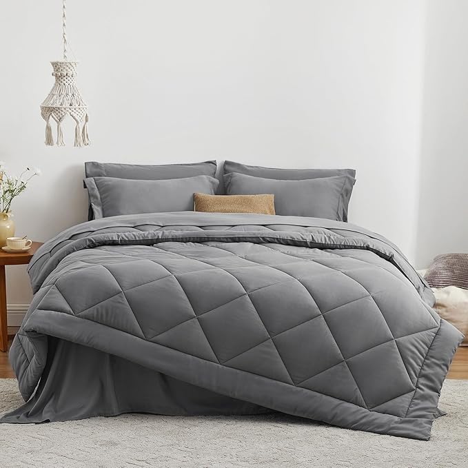 Love's cabin Queen Comforter Set Grey, 7 Pieces Queen Bed in a Bag, All Season Bedding Sets with 1 Comforter, 1 Flat Sheet, 1 Fitted Sheet, 2 Pillowcase and 2 Pillow Sham | Soft, Breathable, Lightweight, Comfortable