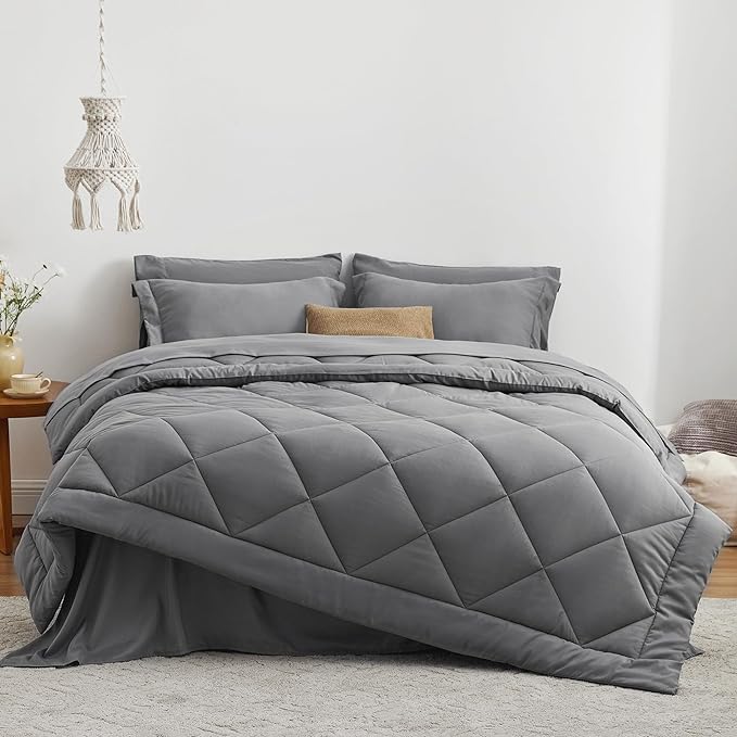 Love's cabin Twin Comforter Set Grey, 5 Pieces Twin Bed in a Bag, All Season Bedding Sets with 1 Comforter, 1 Flat Sheet, 1 Fitted Sheet, 1 Pillowcase and 1 Pillow Sham | Soft, Breathable, Lightweight, Comfortable