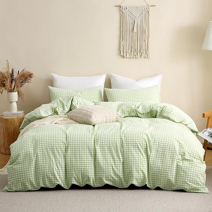 TOCOMOA Plie Green Gingham Duvet Cover Bedding Set 100% Washed Cotton Like Linen Feel Super Soft Comfy 3 Piece Vintage Plaid Checkered Comforter Cover Set (King 104"x90", Comforter Not Included)