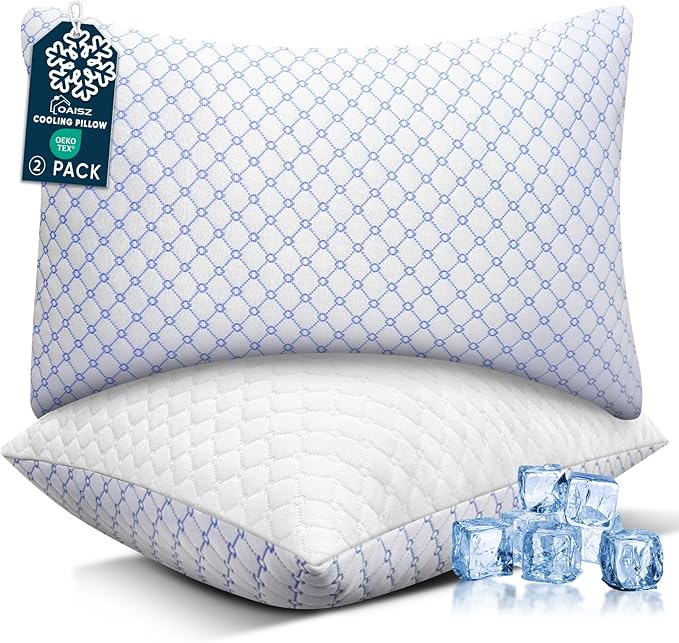OAISZ Cooling Pillow Standard Size 2 Pack, Shredded Memory Foam Bed Pillows for Sleeping, Adjustable Pillows with Cooling Cover, Soft Yet Supportive Memory Foam Pillows for Side Back Stomach Sleepers
