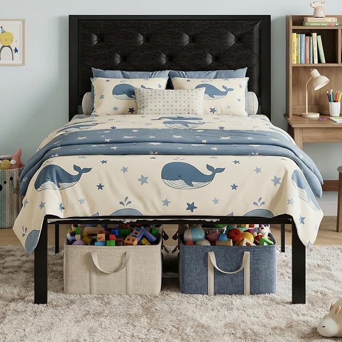 SHA CERLIN Twin Size Metal Platform Bed Frame, PU Leather Upholstered Button Tufted Headboard, Mattress Foundation with 12.4” Under-Bed Storage, Noise-Free, Easy Assembly, No Box Spring Needed, Black