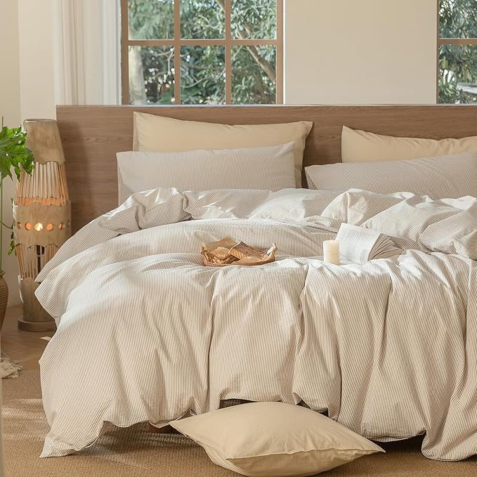 MooMee Striped Duvet Cover Set 100% Washed Cotton Linen Like Textured Breathable Durable Soft Comfy (Tannish Linen Grey White Pinstripes, Twin 68"x90")