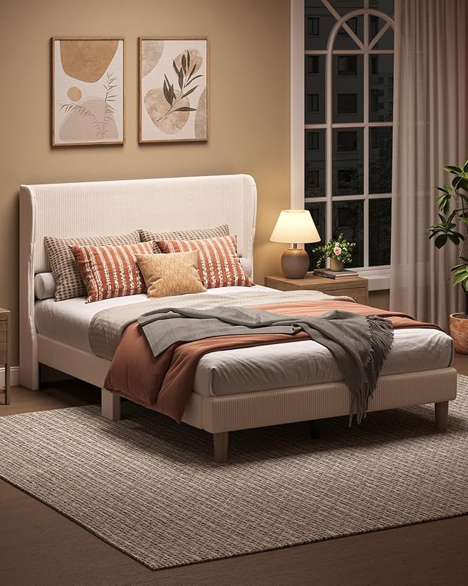 Bestier Full Bed Frame with Wingback Headboard,Upholstered Platform Full Size Bed with Strong Wooden Slats,No Box Spring Needed,Never Squeaks,Easy Assembly,Beige