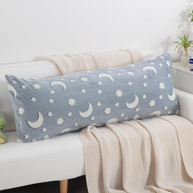 HOMBYS Glow in The Dark Body Pillow Cover, Soft Velvet Fluffy Bed Pillow Case, Fuzzy Long Pillowcase for Kids Boys Childern, Plush Decorative Throw Pillow Cover, 21x54 Inches, White Grey