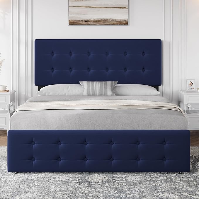 IDEALHOUSE Queen Size Bed Frame with 4 Storage Drawers and Headboard, Velvet Upholstered Platform Bed Frame with Wooden Slats Support, Button Tufted Design, No Box Spring Needed, Blue