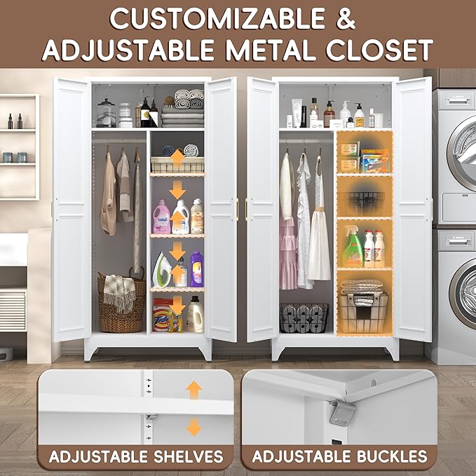 SteeLoong Metal Wardrobe Closet,71" H Wardrobe Cabinet with 2 Doors,White Clothing Storage Cabinets with Hanging Rod and 3 Adjustable Shelves,Armoire Wardrobe Closet for Home Office,School,Gym