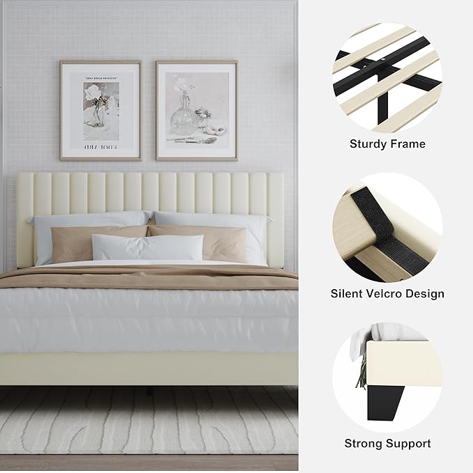 Twin Bed Frame, Velvet Upholstered Platform Bed Frame with Adjustable Headboard, Vertical Quilted Design, Sturdy Slatted Mattress Base, Easy to Assemble, White