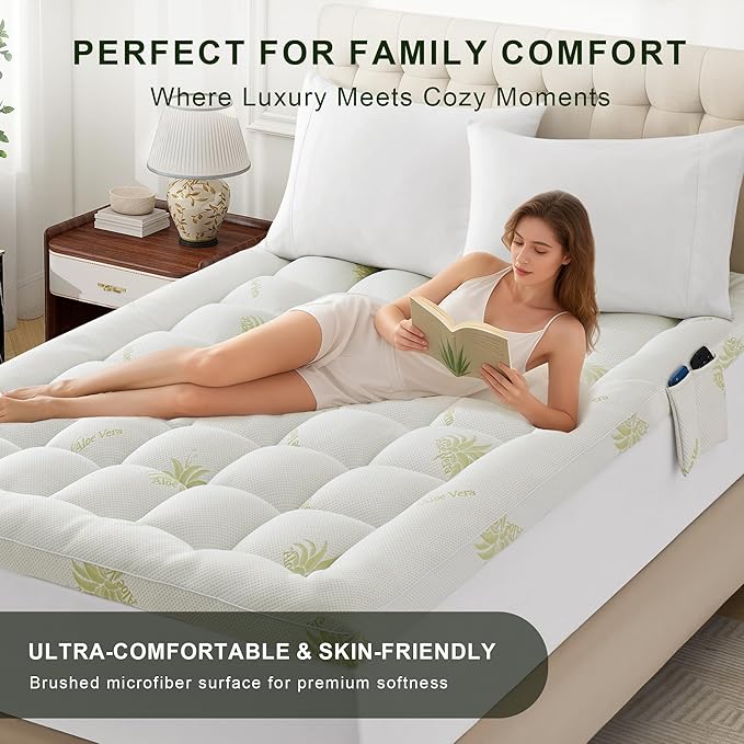 2~3In Mattress Topper King Size Aloe Viscose Derived from Bamboo Pillow Top - Extra Thick Padded Mattress Pad Protector, Breathable Deep Pocket 8-21, 1100GMS