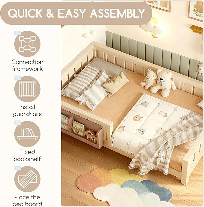 Bellemave Twin Floor Bed Frame with Fence & Bookshelf, Solid Pine Wood Twin Montessori Floor Bed with Slats Load 300LBS, Low Profile Floor Bed for Kids, Bedroom, Nursery, Easy Assembly, Beige