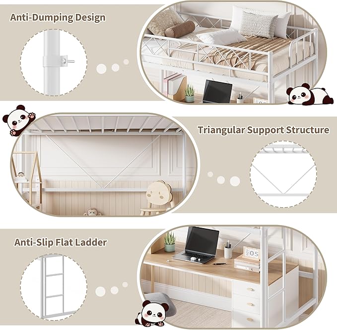 Garvee Loft Bed Twin Size for Teens & Adults, Metal Loft Frame with Safety Guardrail & Flat Ladder Rung, Heavy Duty Steel Slats, Space Saving Design, No Box Spring, White