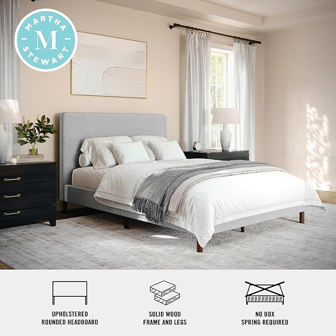 Martha Stewart Britta Platform Bed with Headboard & Footboard, Faux Linen Upholstery with Piping Detail, Rounded Headboard, No Box Spring Needed, Full, Gray
