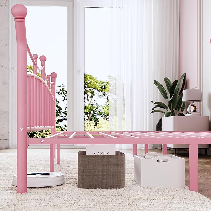 Allewie 14 Inches King Size Metal Platform Bed Frame with Elegant Crown Iron-Art Headboard & Footboard, Sturdy Mattress Foundation with Under-Bed Storage, Easy Assembly, No Box Spring Needed, Pink